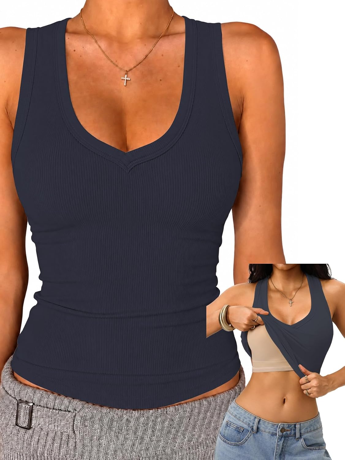 Built in Bra Tank Tops for Women Racerback Ribbed Sleeveless Shirts thumbnail
