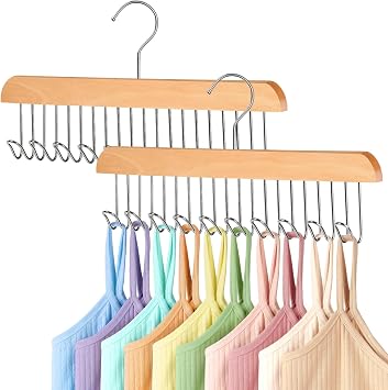2 Pack Bra Hangers for Closet Organizer, Wood Tank Top Hangers Space Saving | Large Capacity Non-Slip Bra Organizer, Multi Hangers with 10 Hooks, Fits for Belt, Tie, Tank Top, Necklaces, Wooden Color