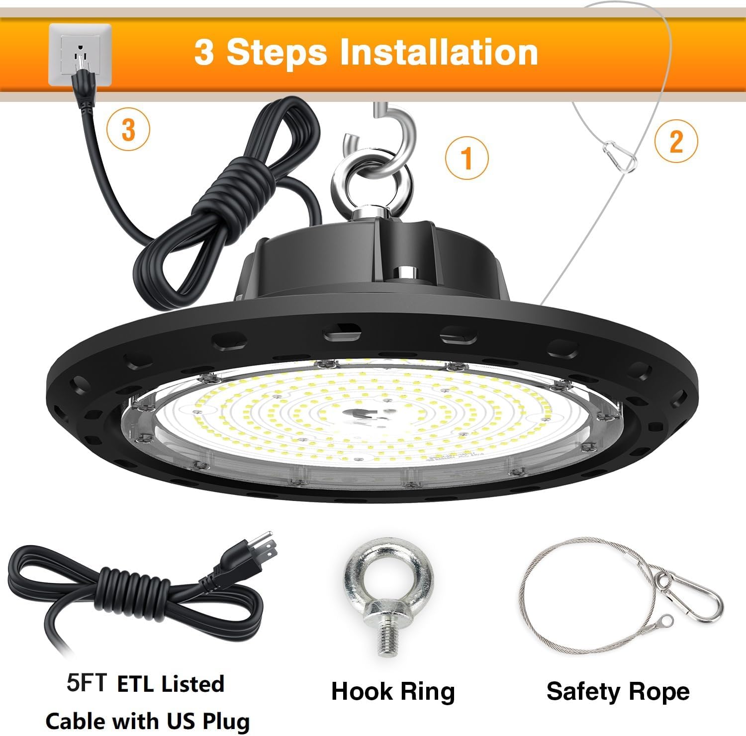 300W UFO LED High Bay Light 45000LM 0-10V Dimmable (Eqv. 1250W HPS/MH) High Bay Led Shop Lights 5000K for Shop Warehouse Factory Commercial Lighting