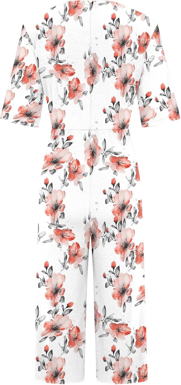 Women's Boho Floral Capris Jumpsuits Fashion V-Neck Short Sleeves Loose Comfy Romper Wide Leg Pants with Pockets White X-Large