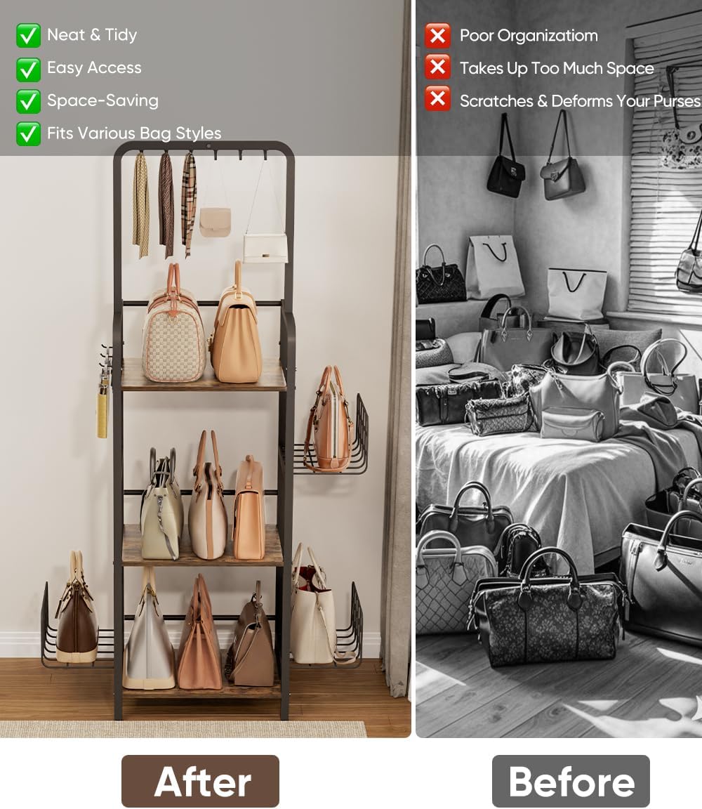 3-Tier Tall Purse Organizer Rack Stand, Floor-Standing Bag Storage Holder with Adjustable Side Basket and Hook Handbag Organizers Display Stand Shelf for Closet, Bedroom, Entryway, Black
