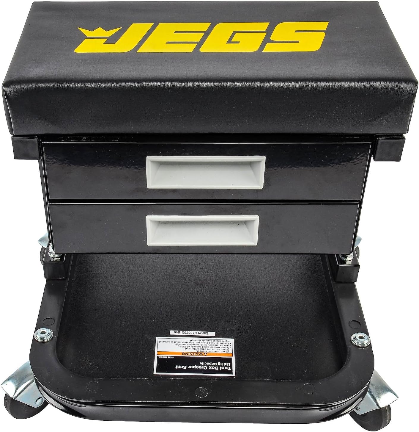 JEGS Mechanic Seat With Drawers and Tool Tray | 300 LBS Capacity | Black Finish with JEGS Logo | Padded Seat | 4 Caster Wheels