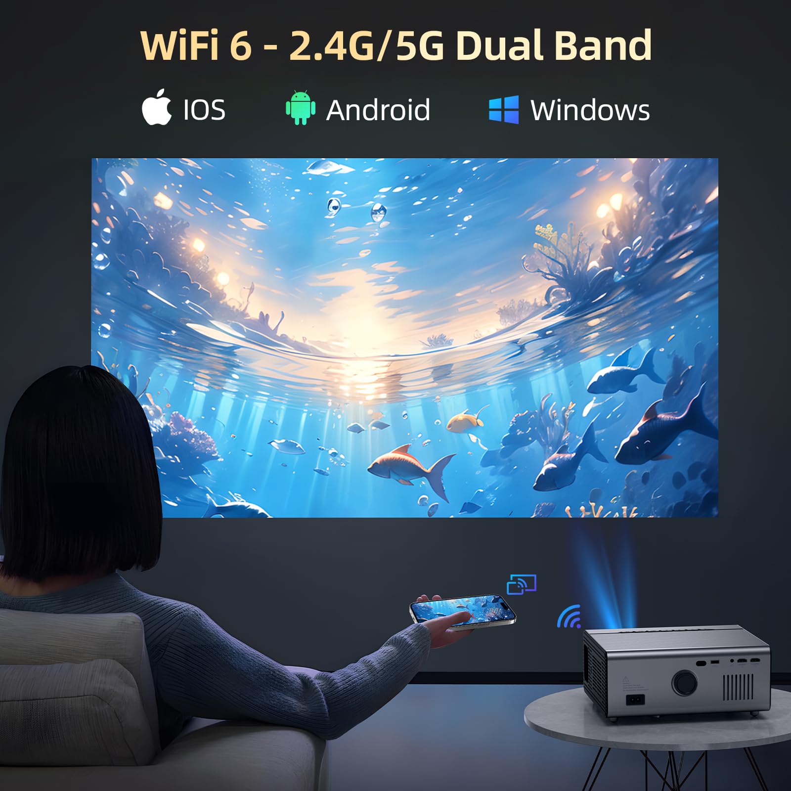 KSAN Proiettore [800 ANSI Lumen] Proiettore di film per esterni, proiettore con WiFi 6 e Bluetooth 5.2, supporto video home theater Proyector 200 pollici, altoparlante 5W, compatibile con iPhone/TV