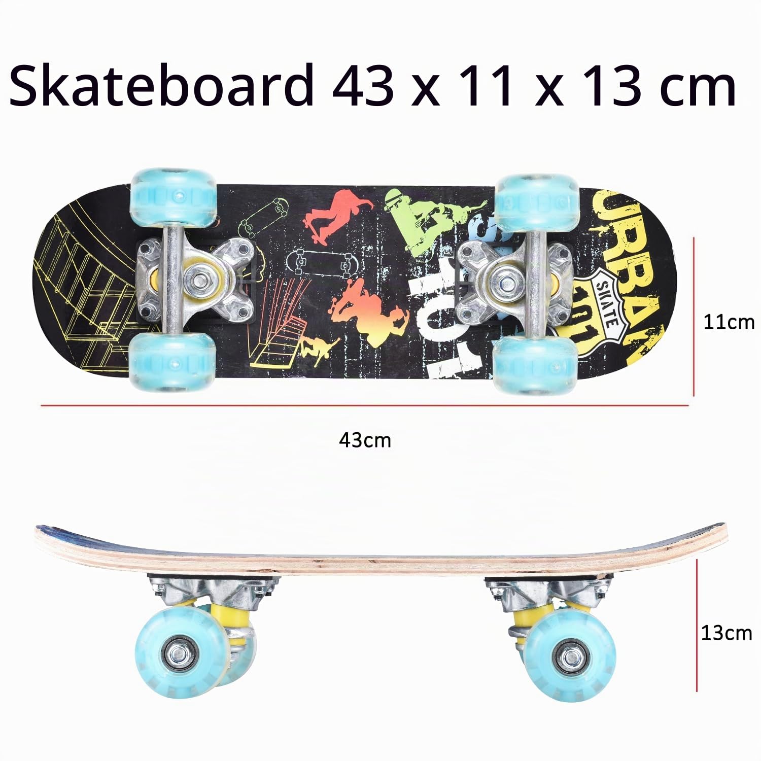 ERNAN Skateboard completo per principianti, skateboard a doppio calcio da 43 cm, per bambini e adolescenti, ruote che si illuminano durante lo spostamento, design e colori assortiti con strumento a T