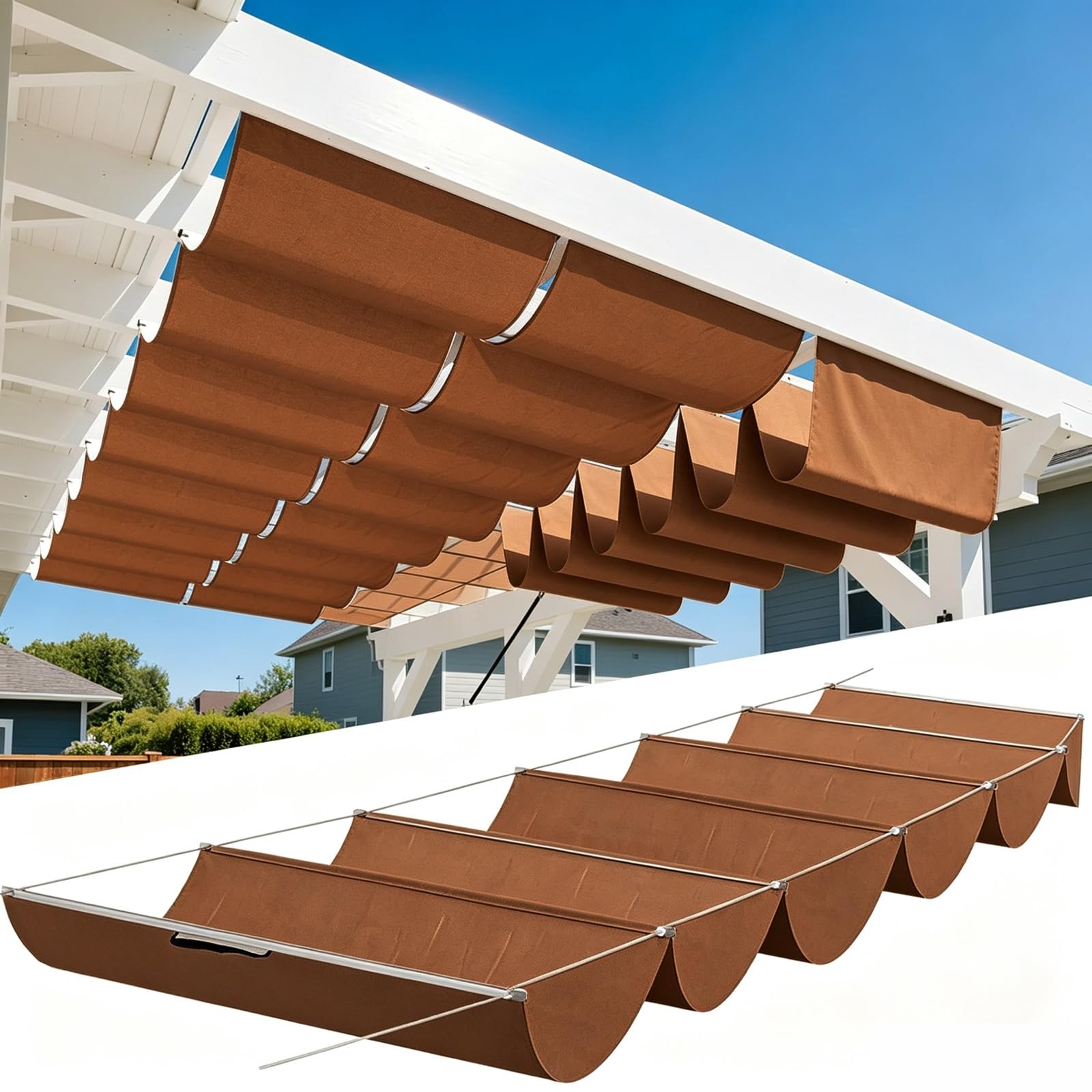 Toldo Retráctil de Onda 100 x 400 cm Impermeable Ondulada Toldos Exterior Protección Rayos UV Resistente Al Desgarro con Ojales y Cuerdas para Jardín Porche Patio Barbacoa, Marrón