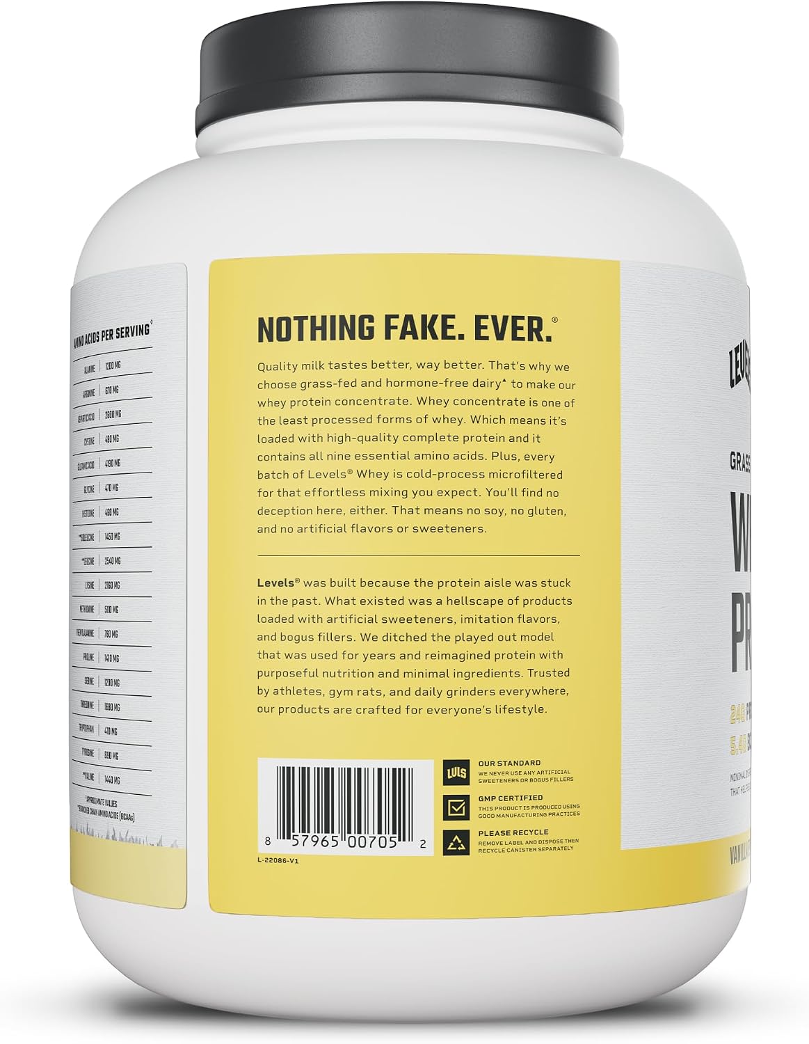 Levels Grass Fed Whey Protein Powder, No Artificials, 24G of Protein, Vanilla Bean, 5LB