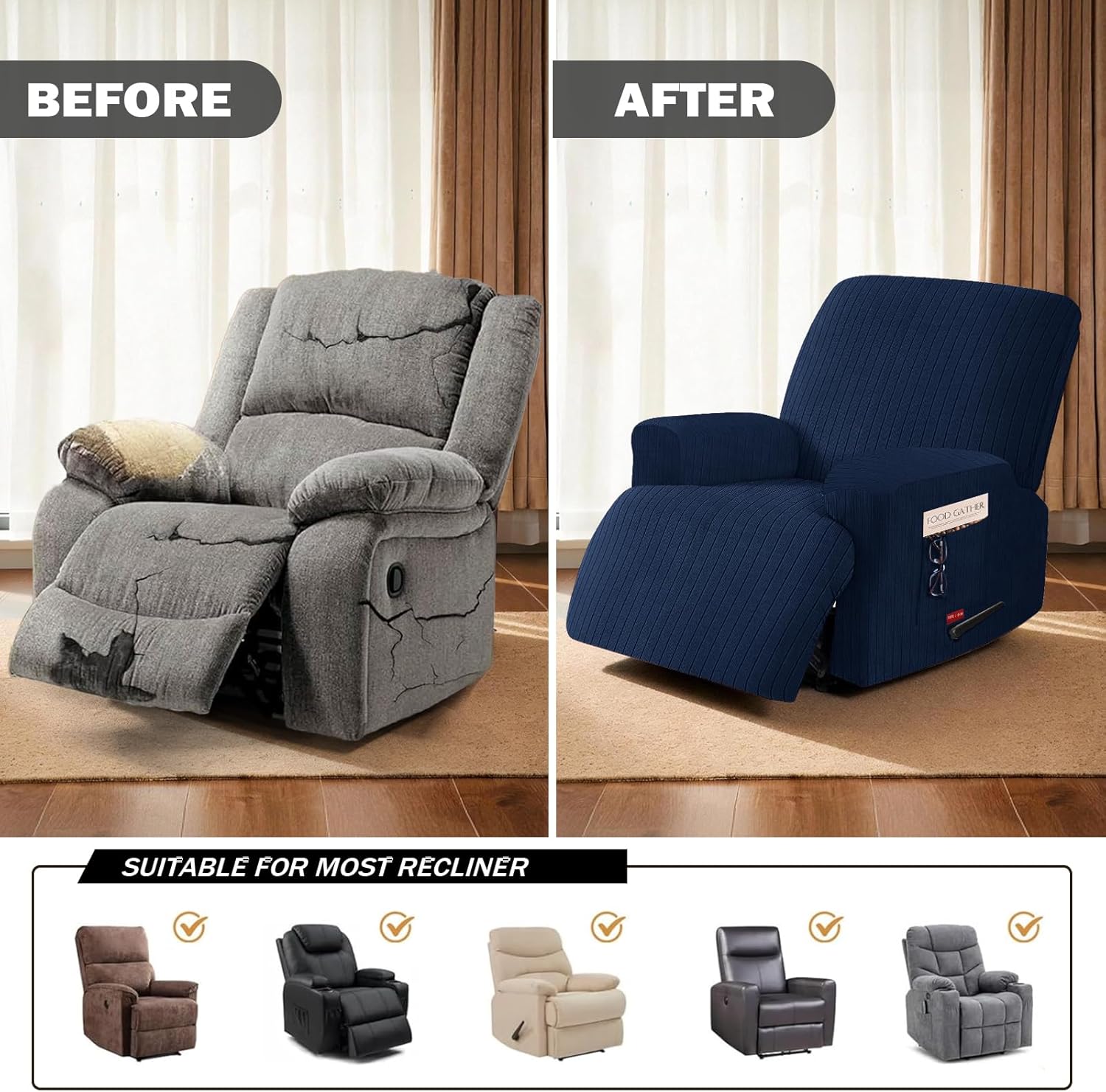 3 Pieces Stretch Oversized Recliner Chair Covers - Striped Pattern Slipcovers & Durable Furniture Protectors for Kids and Pets (1 XL Seater, Navy)