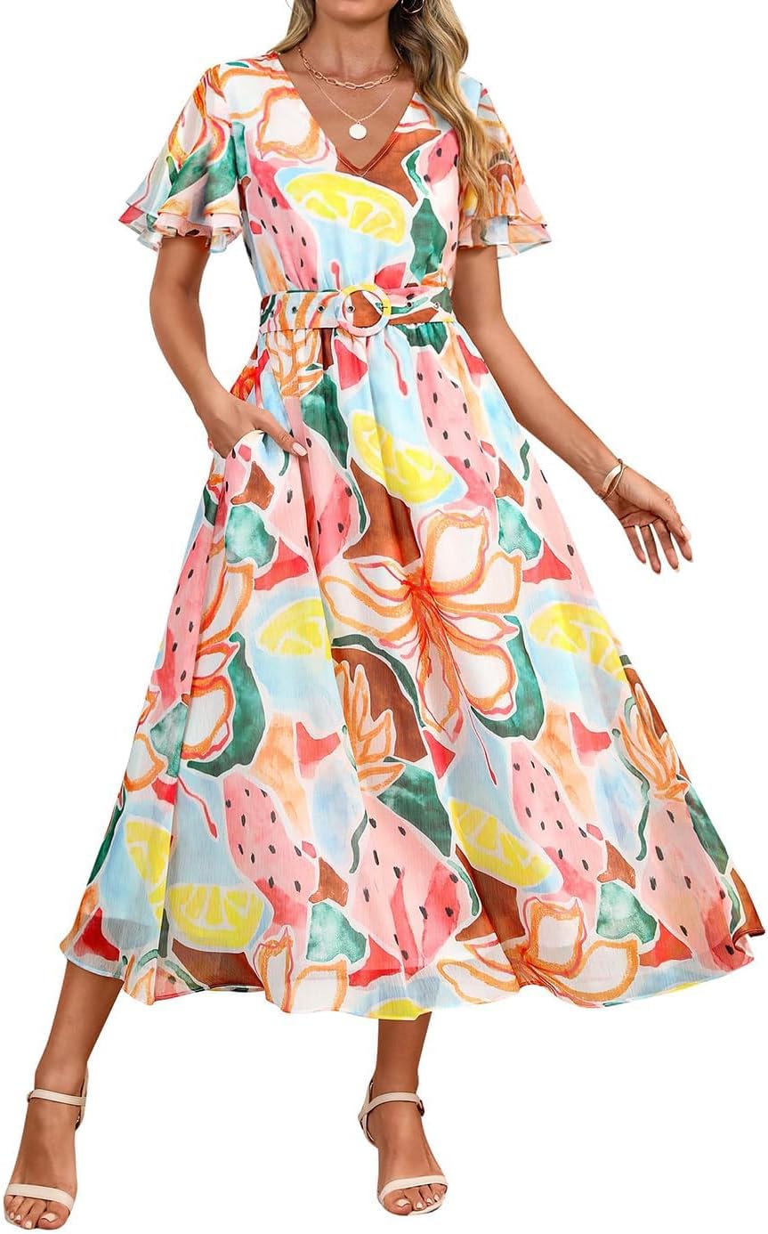 ZESICA Women's 2026 Summer Floral V Neck Midi Dress Boho Short Sleeve High Waist Flowy Beach Vacation Dresses with Belt