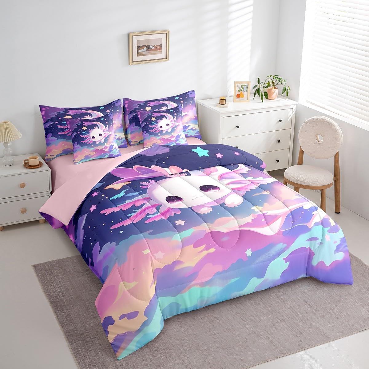 Erosebridal Pink Kawaii Axolotl Bed in A Bag Cute Axolotl Bedding Set Cartoon Salamander Animal Twin Comforter Set 7 Piece for Kids Girls Women,Rainbow Cloud Stars Wildlife Bed Set