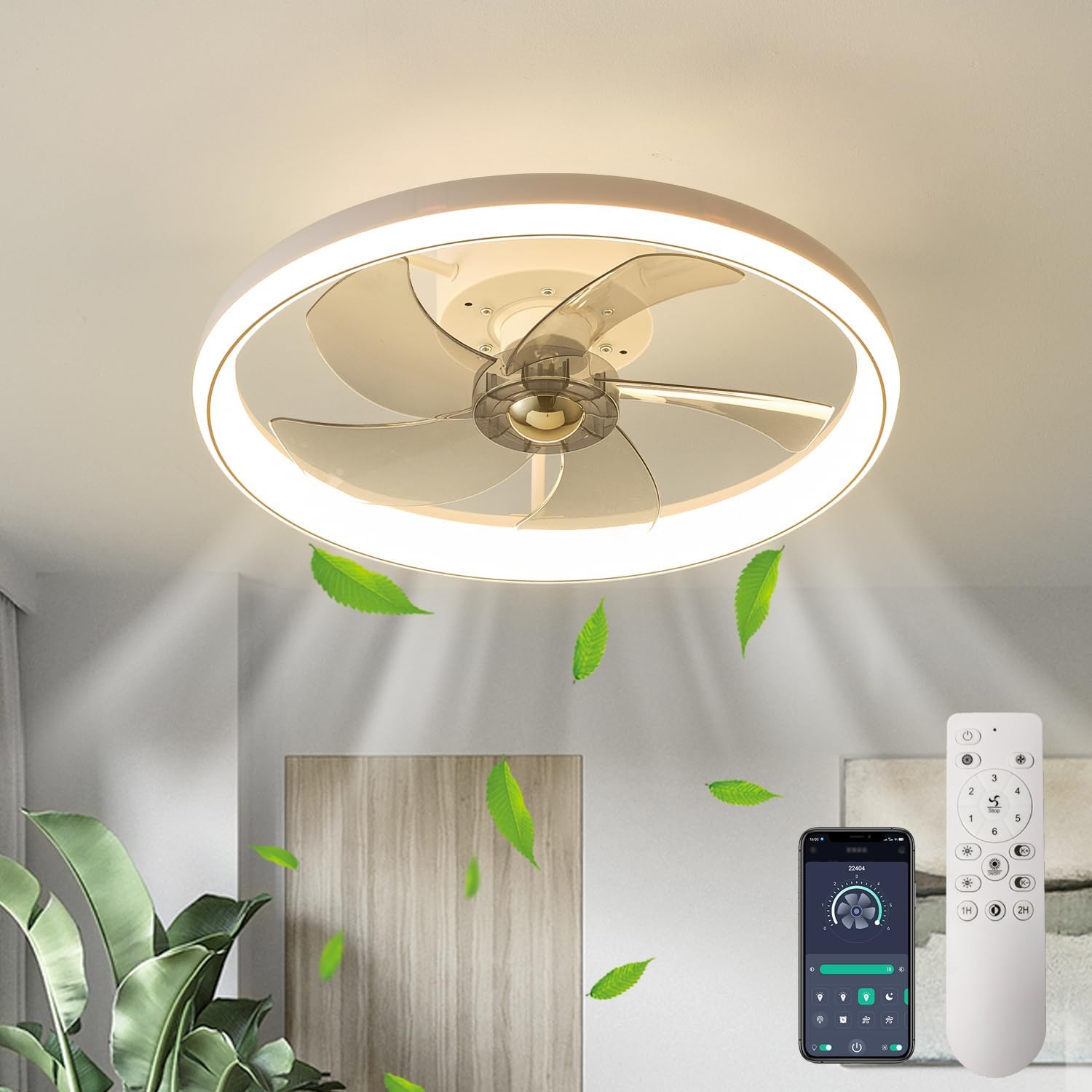 Low Profile Ceiling Fans with Lights Reverse Fan with Remote Control Smart Ceiling Fan 50cm Timing Light 6 Speeds Dimmable Modern LED Light for Bedroom Kitchen (White)