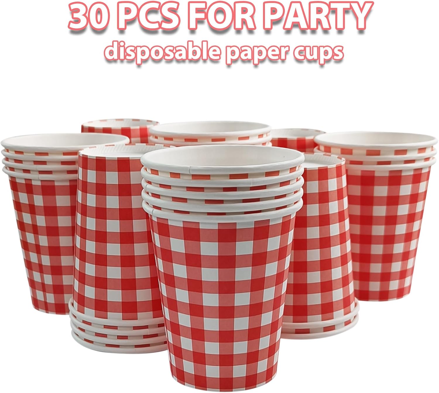 30 Pcs Red Gingham Paper Cups Christmas Gingham Party Cups Buffalo Red and White Plaid Cups Valentine's Day Beverage Cups Disposable