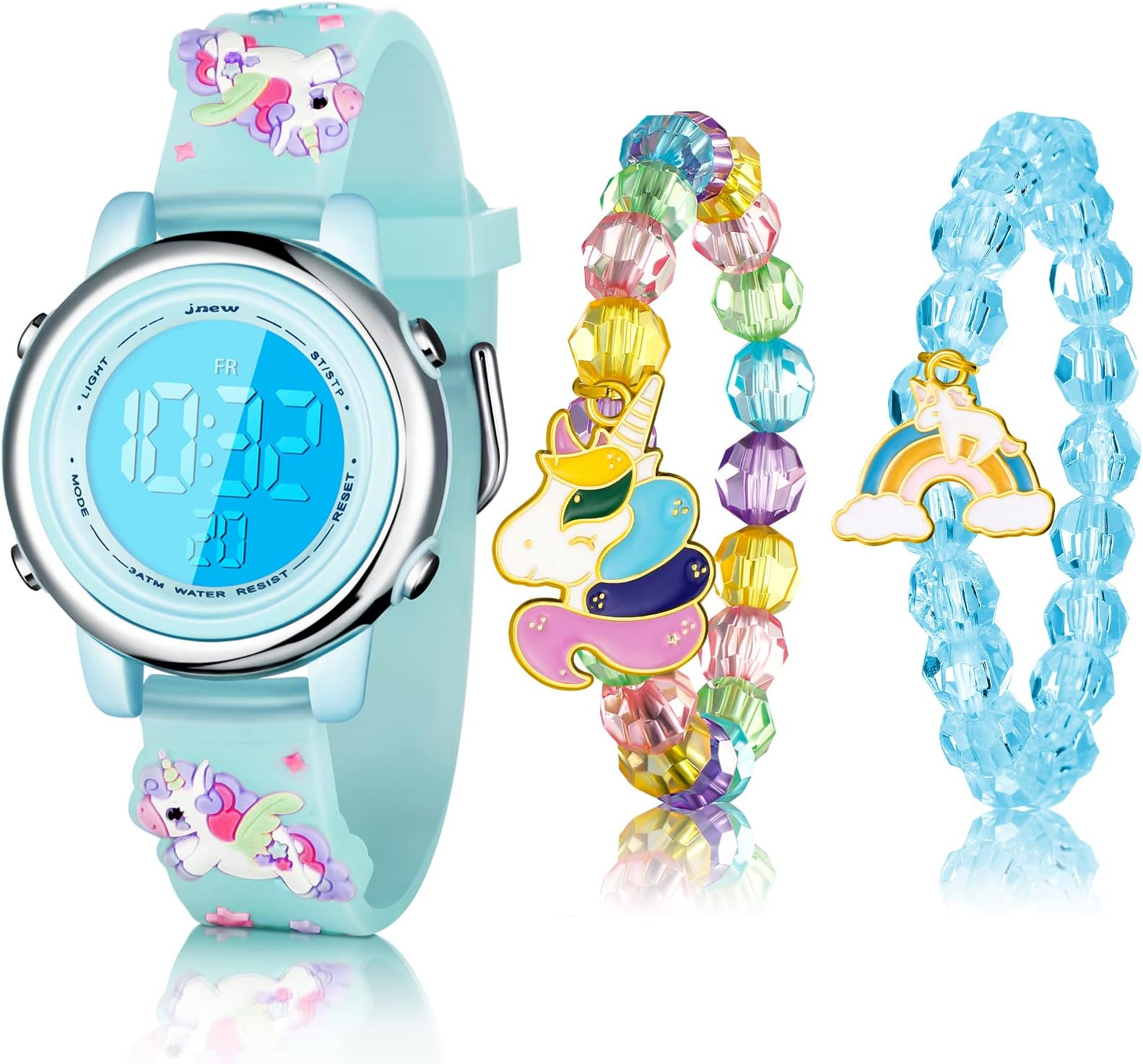 3 Pieces Kids Unicorn Watch and Unicorn Bracelet Waterproof Toddler Digital Watch Light Watch with Alarm Stopwatch Unicorn Christmas Valentine's Day Gift for 3-10 Year Girls