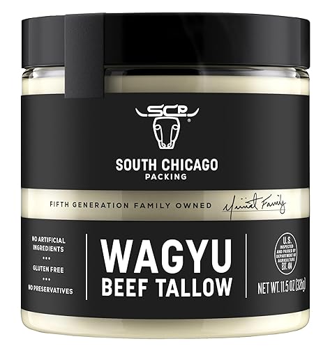 South Chicago Packing Wagyu Beef Tallow, 11.5 Oz Glass Jar, Perfect for Searing, Sauteing, Cooking, Pan Frying, Keto Friendly, Paleo Friendly, Pantry Staple