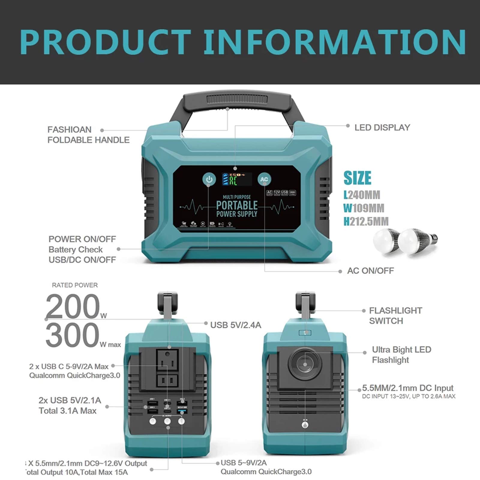 200W - 60000Mah Batería De Litio Recargable Del Generador Portátil - Fuente De Alimentación De Emergencia Con Linterna LED Power Bank Para CPAP Backup Camping
