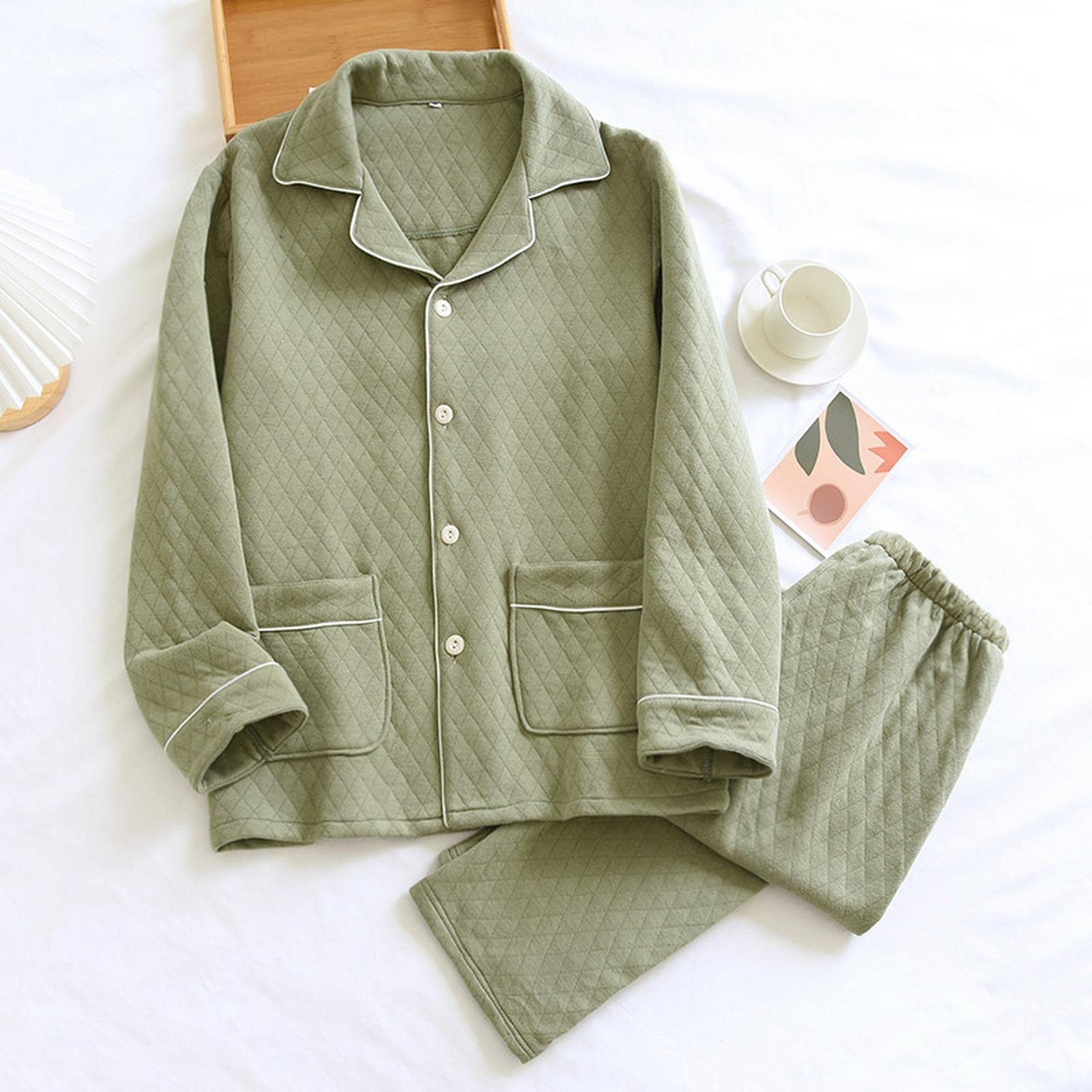 MOGSA Pijamas para mujer, pijamas de tres capas, acolchadas, para otoño, invierno, de algodón grueso, casual, ropa de hogar, para hombre