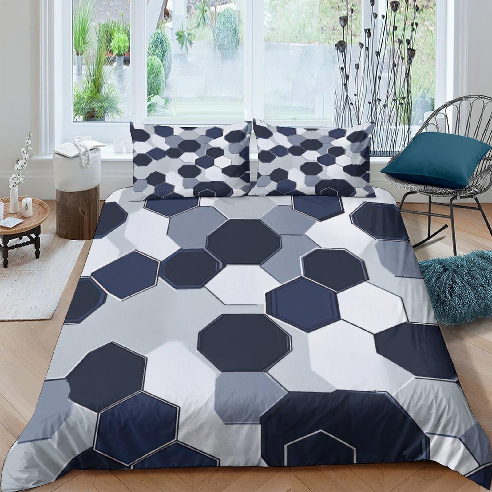 TUFRTGYHN 3D Printed Hexagon Pattern Duvet Cover Microfiber Soft Breathable Geometric Bedding Set with 2 Pillowcases for Modern Bedroom Home Decor Single（135x200cm）