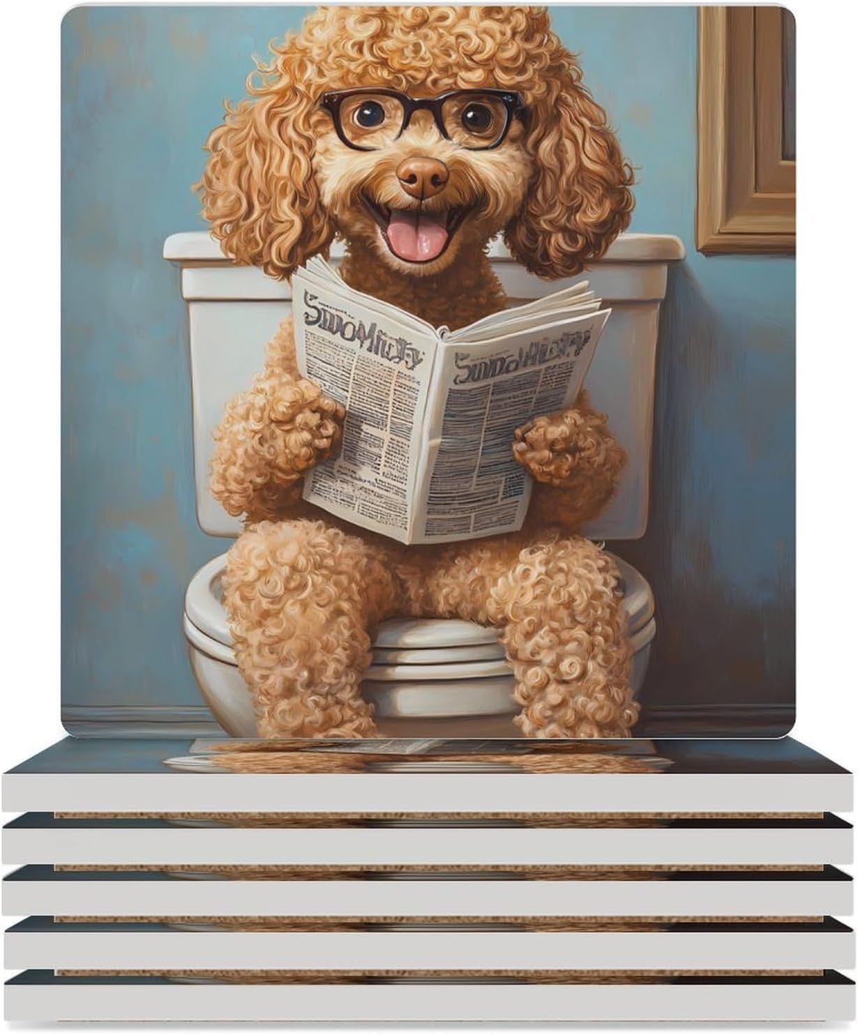 Goldendoodle on Toilet Reading Newspaper Funny Ceramic Coasters for Drinks Absorbent Cup Holder Tabletop Protector with Cork Base