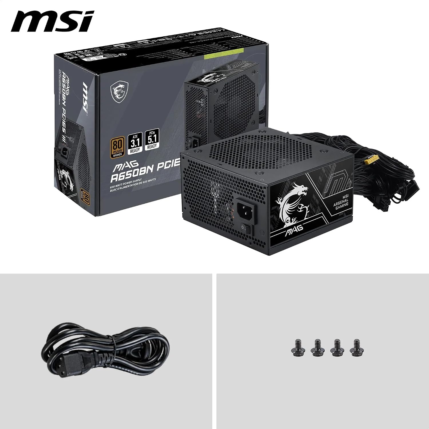 MSI mag A650BN PCIE5 III Fuente de alimentación, 650 W, 80 Plus Bronce, ATX 3.1, PCIe 5.1 GPU, Nativo 12V-2×6, Conector Bicolor 12V-2×6, ATX PSU, Cable de Revestimiento en Relieve Mate 8