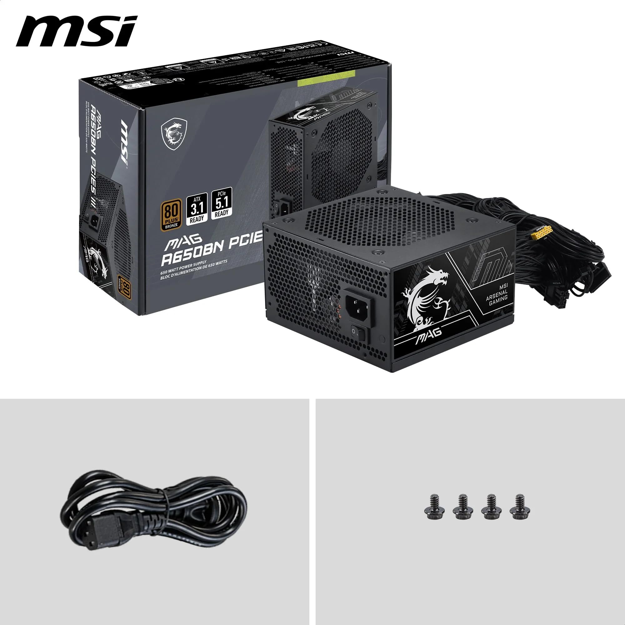 MSI Pro MAG A650BN PCIE5 III Alimentazione PC, 650 W, ATX, 80 Plus Bronzo, ATX 3.1, Compatibile GPU PCIe 5.1, Connettore nativo 12V-2x6 Bicolore, Cavi goffrati