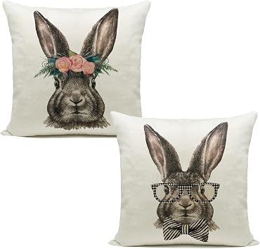 Hlonon Easter Decorations Throw Pillow Cover Set of 2 Farmhouse Decorative Pillows Rabbits Home Decor Rustic for Spring Easter 18 x 18 in