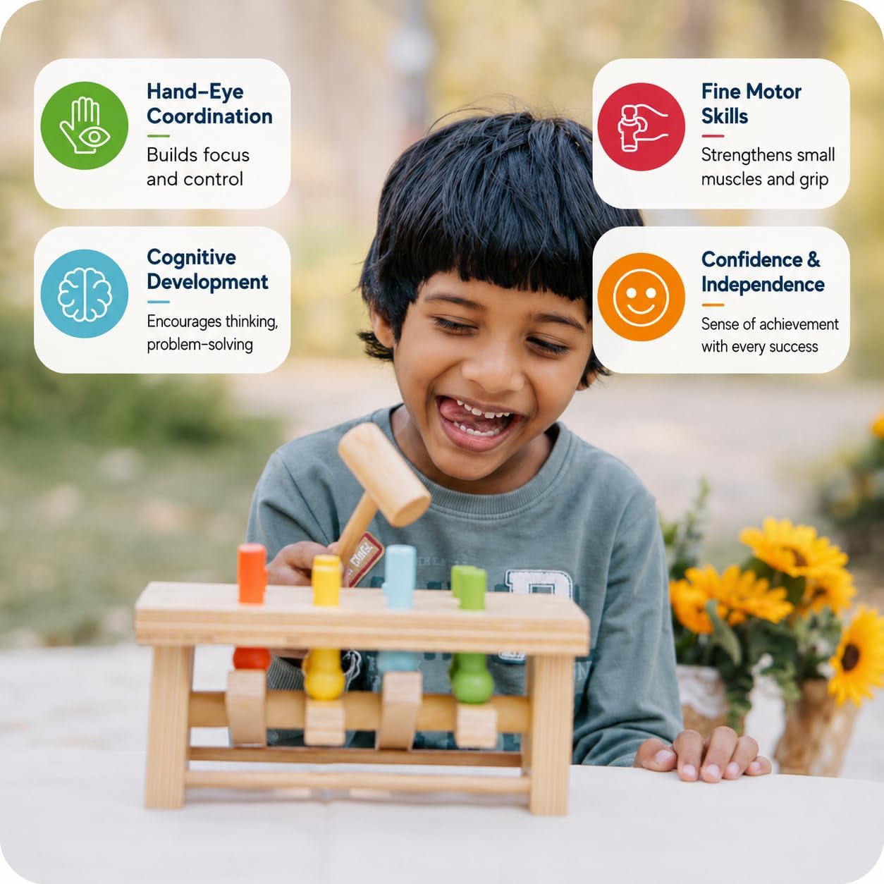 NESTA TOYS Wooden Pounding Bench Toy with Mallet | 8 Colourful Pegs - Flip, Pound & Repeat | Musical Toy - Sound on Every Hit | Builds Hand-Eye Coordination & Cause-Effect Learning | Ages 1-3 Years 1