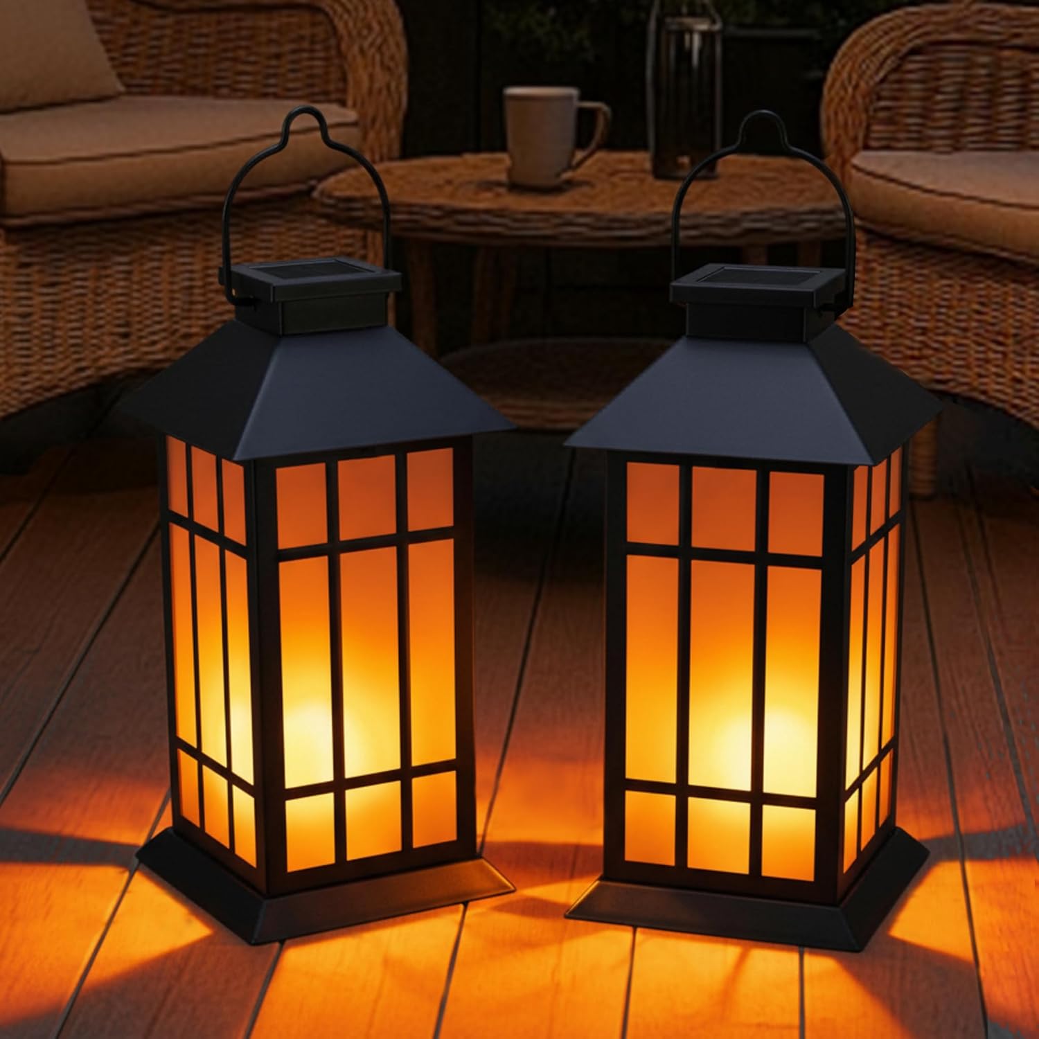 Solar Lanterns Outdoor Waterproof, 2 Pack 13" Metal & Glass Hanging Solar Lantern Lights, Grid Pattern IP46 Decorative Outdoor Solar Lanterns for Patio Table Yard Porch Garden Decor