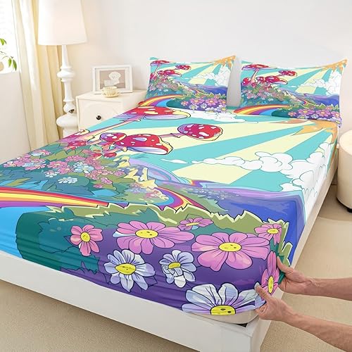 Miniatura 5 de Erosebridal Linda sábana bajera ajustable de hongos tamaño individual de los años 70 con diseño de arco iris para niños y niñas, vintage, retro, con