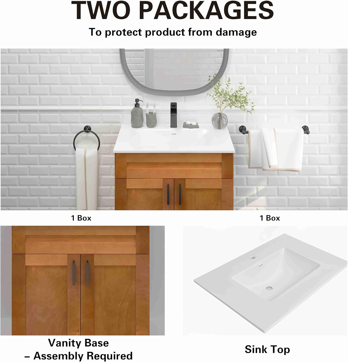 36" Maple Shaker Bathroom Vanity with Sink – Solid Surface One-Piece Top, Soft-Close Doors, Polyurethane Nano Resin Sink, Pre-Drilled Faucet Hole, Modern Bath Vanity Cabinet Set