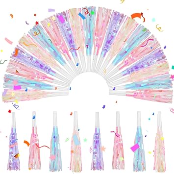 24 Pcs Party Blowers Glitter Iridescent Mermaid Unicorn Princess Noise Makers Metallic Fringed Horns Bulk for Graduation Birthday Favors Kids DecorPink, Purple, Blue, White