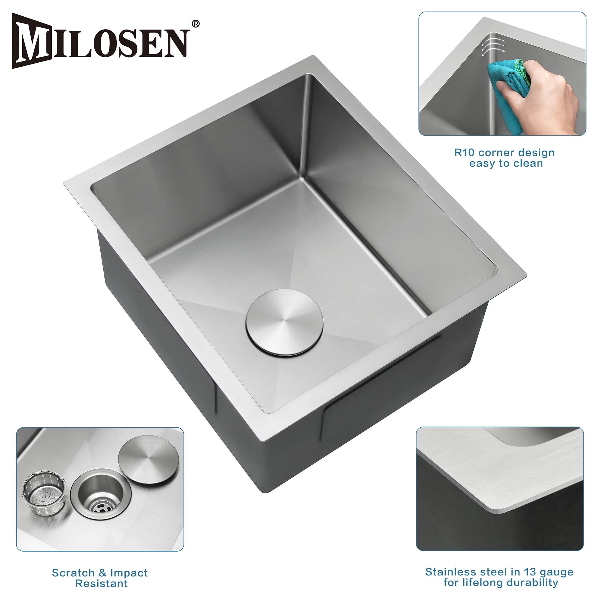 LQS 17"x19"x10" Undermount Stainless Steel Bar Sink - 16 Gauge Small Sink For RV, Wet Bar, Outdoor Kitchen With Drain & Grid