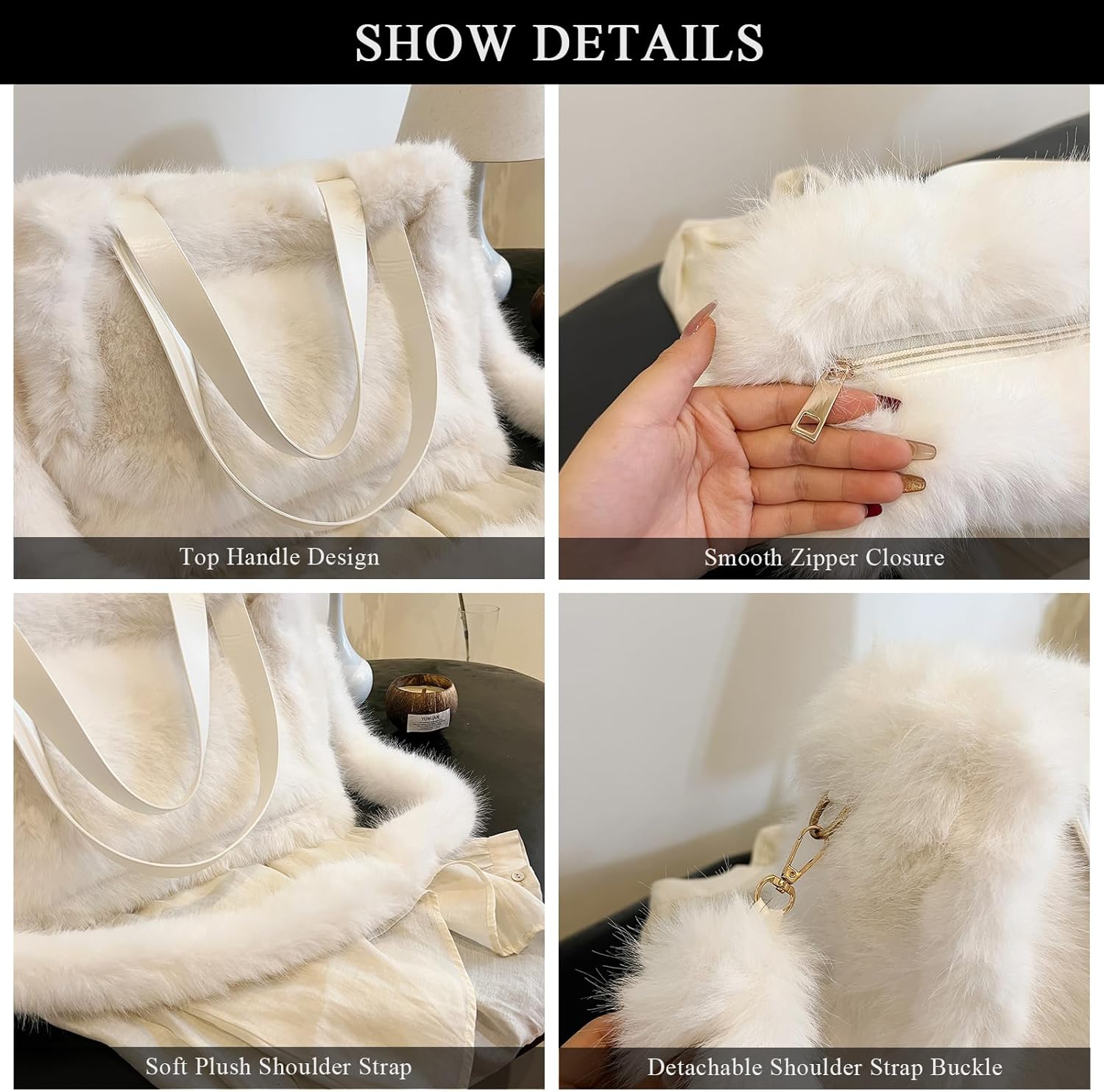 Fluffy Tote Bag Faux Fur Bag Winter Furry Purse for Women Top Handle Fuzzy Tote Bag Fur Crossbody Handbag - Image 5