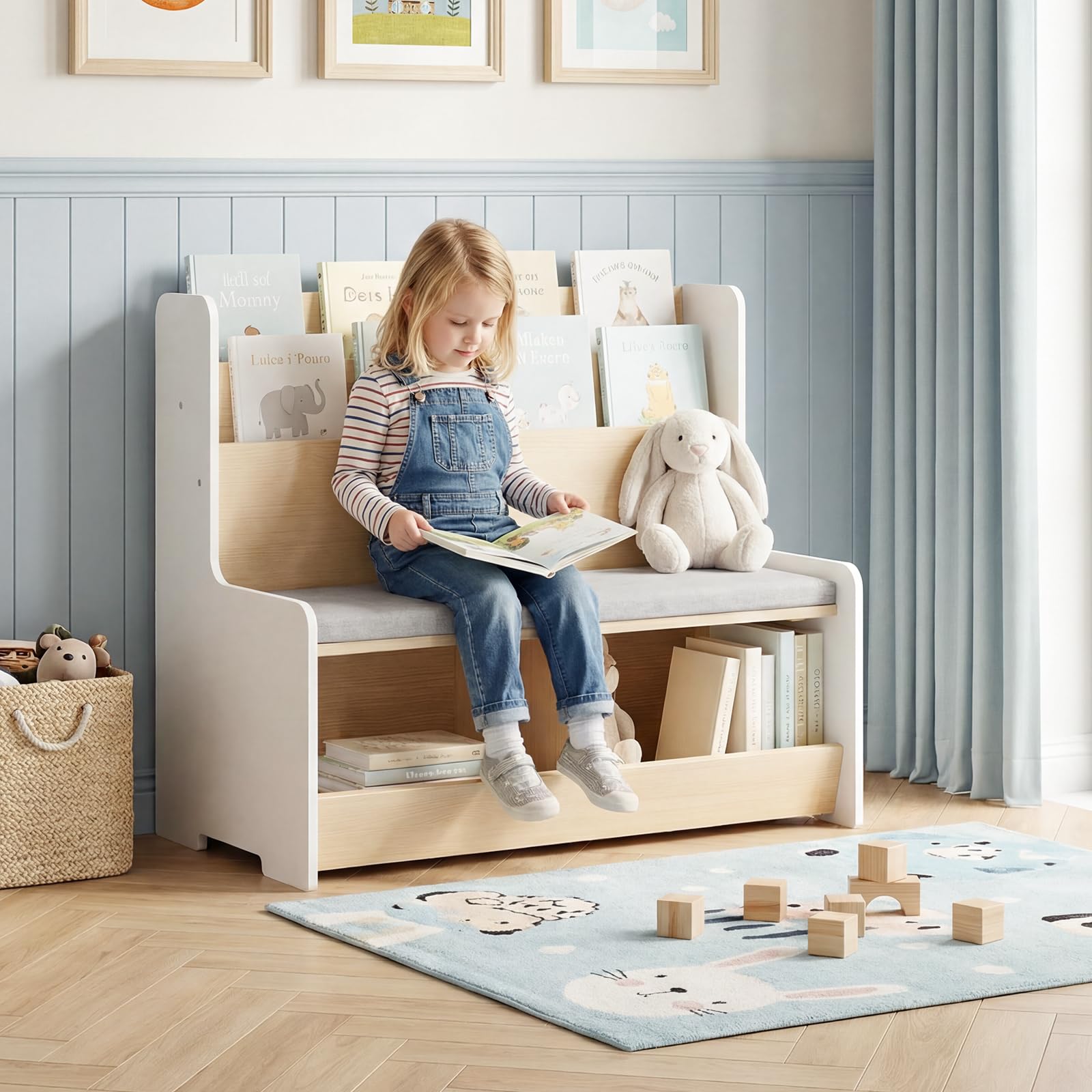 COSTWAY Libreria Montessoriana per Bambini con Panchina, Porta Libri Bambini con Portariviste a 2 Ripiani, 2 Scomparti Aperti e Cuscino Seduta Rimovibile, Libreria Salvaspazio per Cameretta (Bianco)