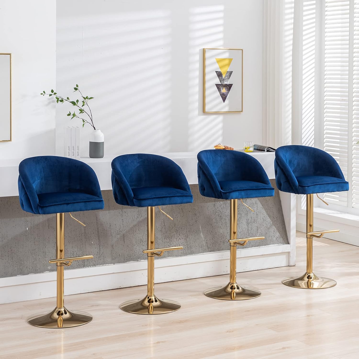 ZSARTS Velvet Gold Bar Stools Set of 4, Modern Blue Swivel