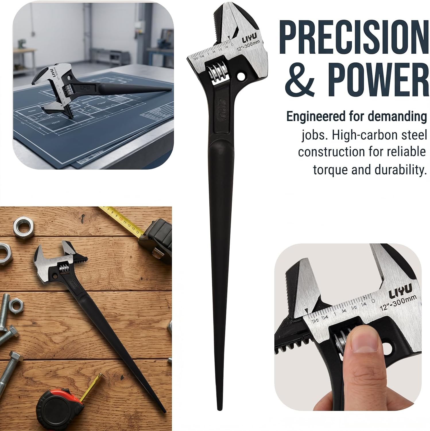 LIYU 12-Inch 4-in-1 Multi-Function Adjustable Wrench, Pipe Wrench, Hammer & Pry Bar, Forged Alloy Steel, Phosphated Coating, Reversible Anti-Slip Jaw, Laser SAE & Metric Dual Scale