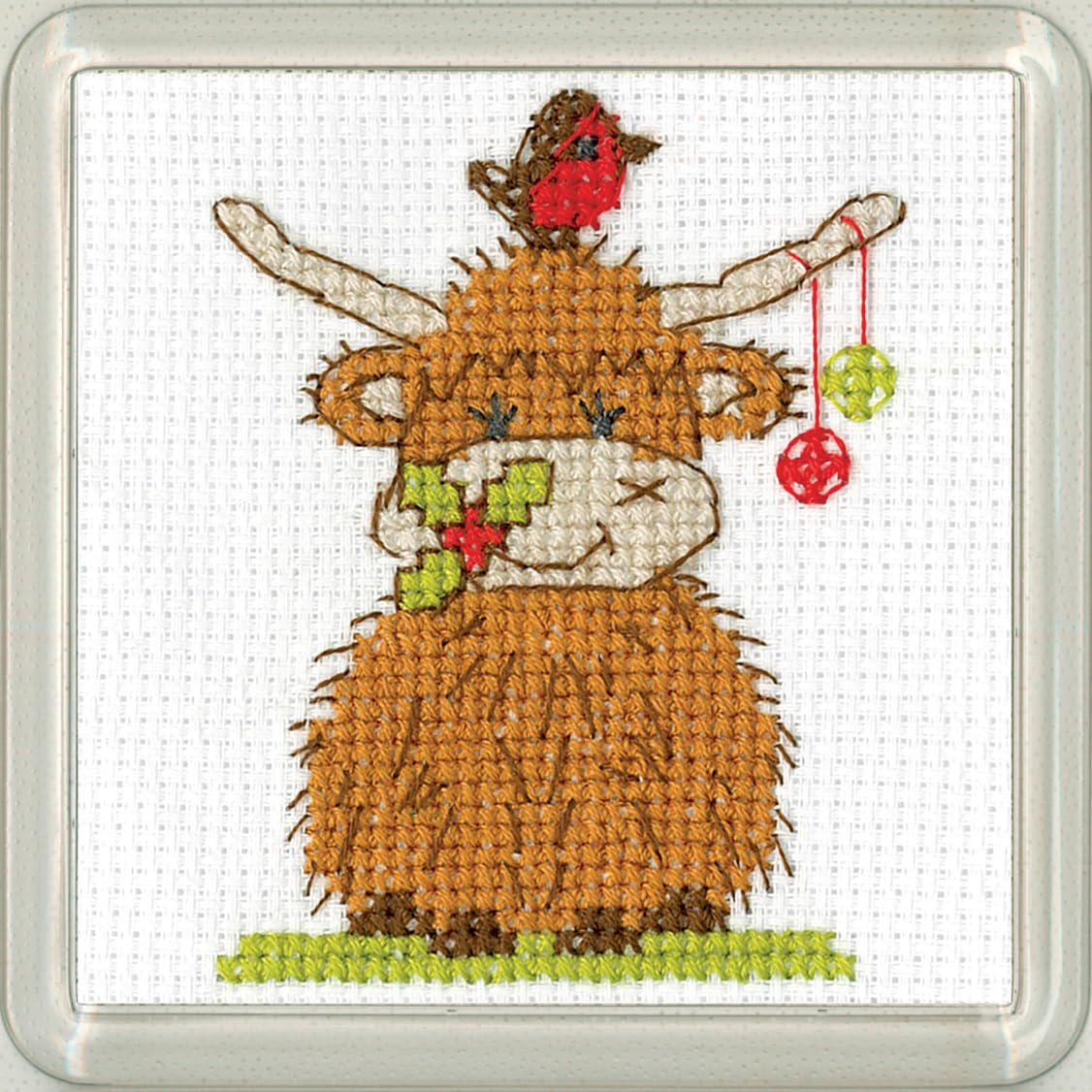 Heritage Crafts Christmas Coaster Cross Stitch Kit - Highland Cow Baubles Coaster - Kirsten Roche Designs