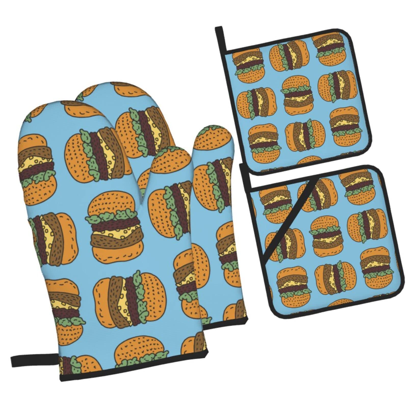 Burger Drawing Pattern Oven Mitts and Pot Holders Sets, Christmas Oven Mitt Kitchen Heat Resistant Non-Slip Pot Holders Set for Cooking Baking BBQ