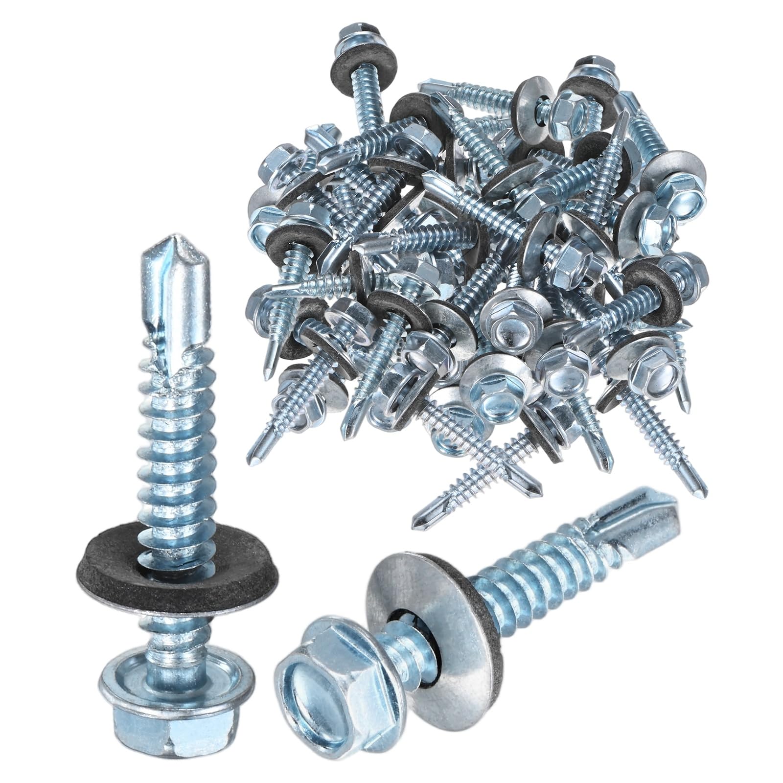M METERXITY 50-Pack Self Drilling Screws with Rubber Washer M6.3 x 35mm Zinc Plated Carbon Steel Hex Head Self-Tapping Screws for Metal Roofing/Siding Panels/Steel Structures