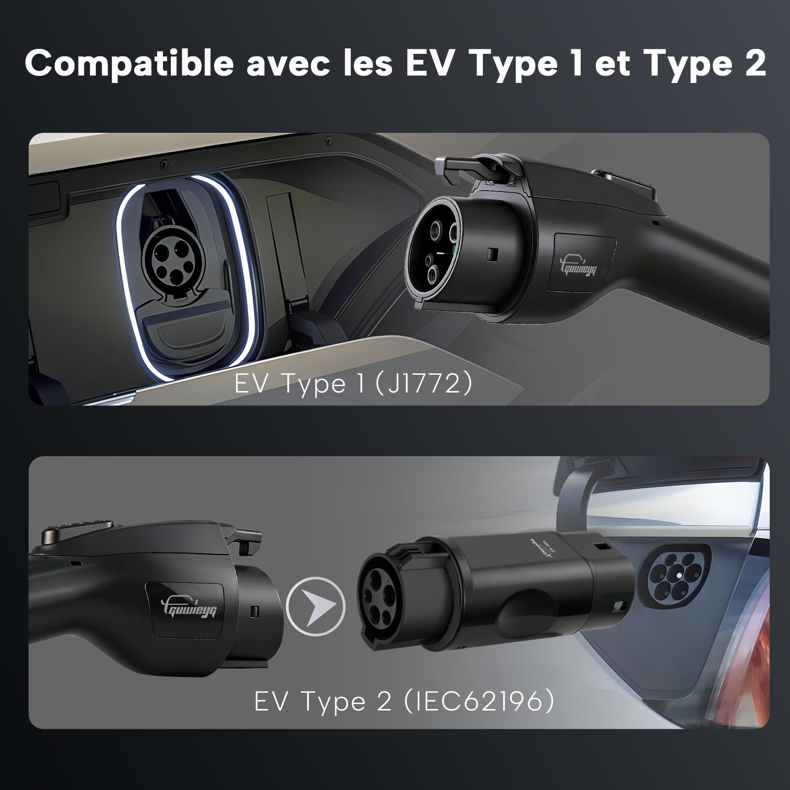 Type 1 Chargeur Voiture Electrique 3,5kW/16A/5m, Chargeur EV Schuko | avec Adaptateur Type 1 vers Type 2, Courant Réglable 8A-16A avec Étui de Transport, Écran LED, Minuteur de 6 heures, IP66