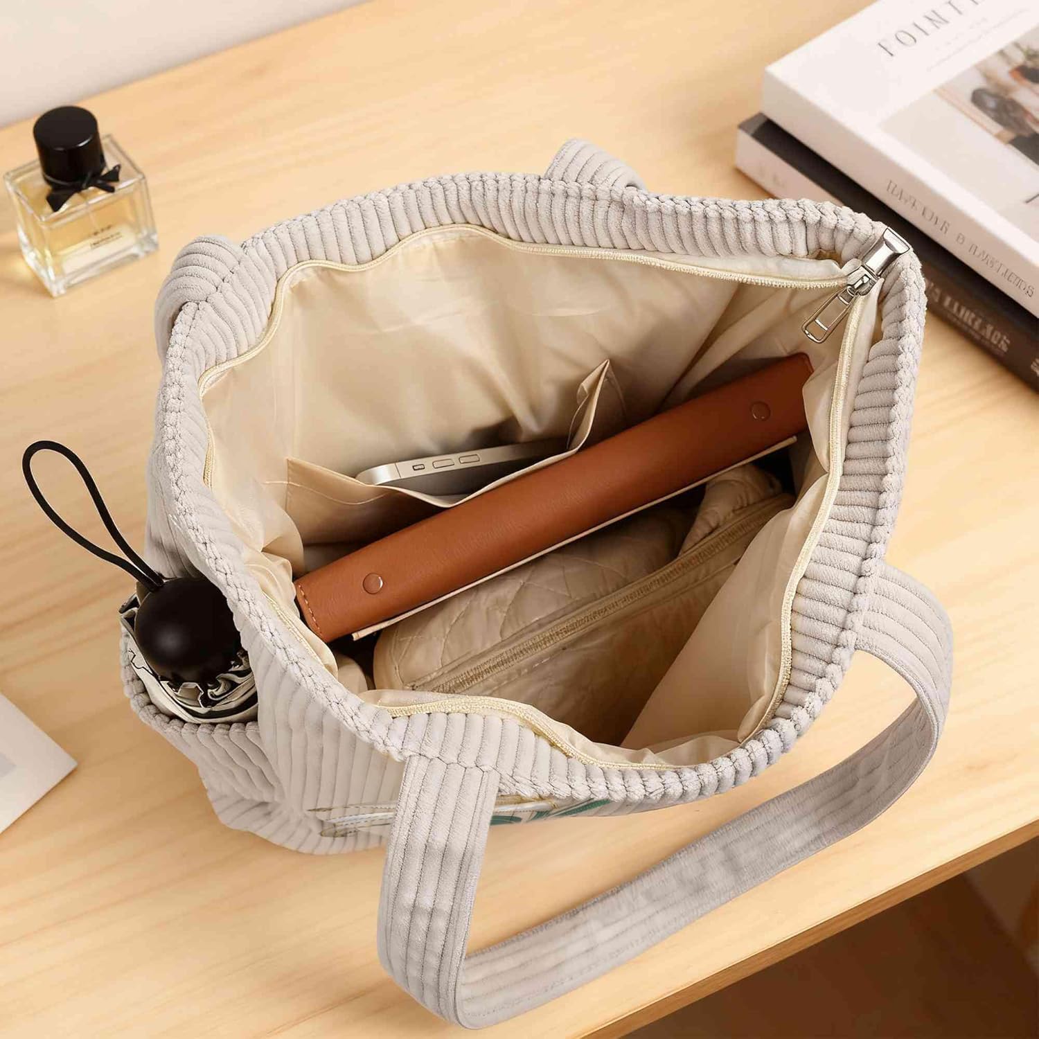 Personalized Corduroy Tote Bag for Women, Custom Large Zipper Shoulder Bag HandBags with Pocket Birth Flower & Name for Work Travel Shopping Beach, Mother's Day Birthday Gifts for Women