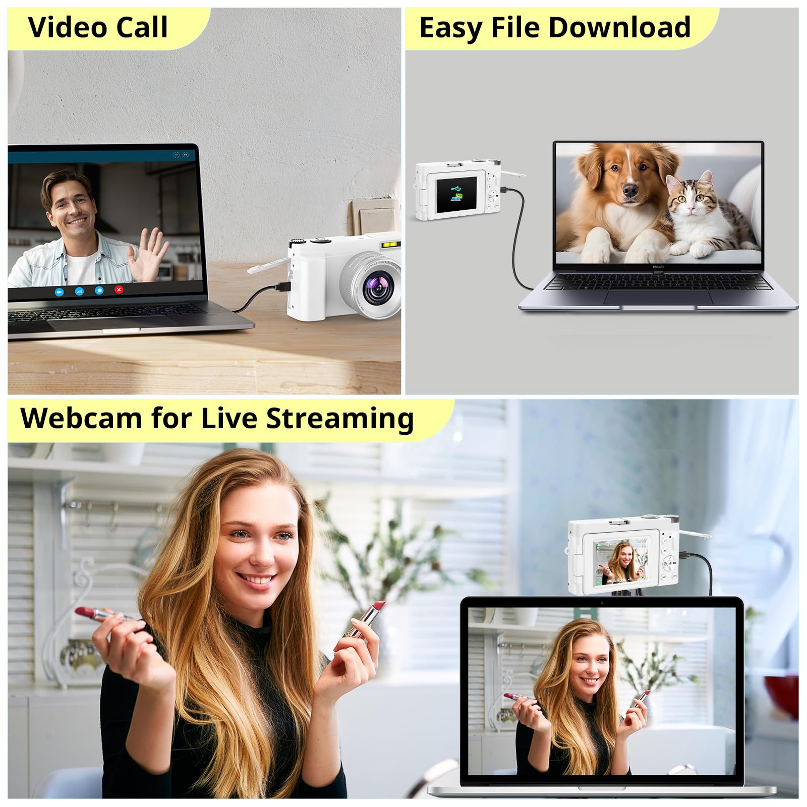 4K Digital Camera for Photography Autofocus, 2024 Latest 48MP Vlogging Camera for YouTube with SD Card, 2 Batteries, 3" 180°Flip Screen Compact Travel Camera for Teens with 16X Zoom, Anti-Shake,: Off White