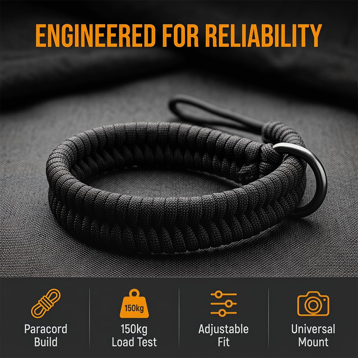 Dragonne Appareil Photo en Paracord 550, Noir Sangle de Poignet pour Appareil Photo, avec Anneaux en D, Compatible avec DSLR, Action Cam et Compact, Accessoire Sécurisé pour Photographie en Plein Air
