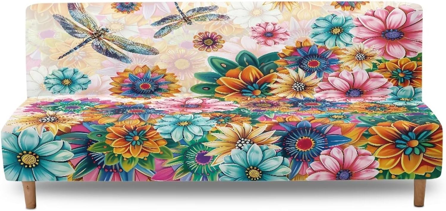 Bohemian Flower Dragonfly Print Soft Futon Cover Armless Futon Slipcover Stretchable Scratch Resistant Couch Furniture Protector Machine Washable Sofa Bed Slipcover
