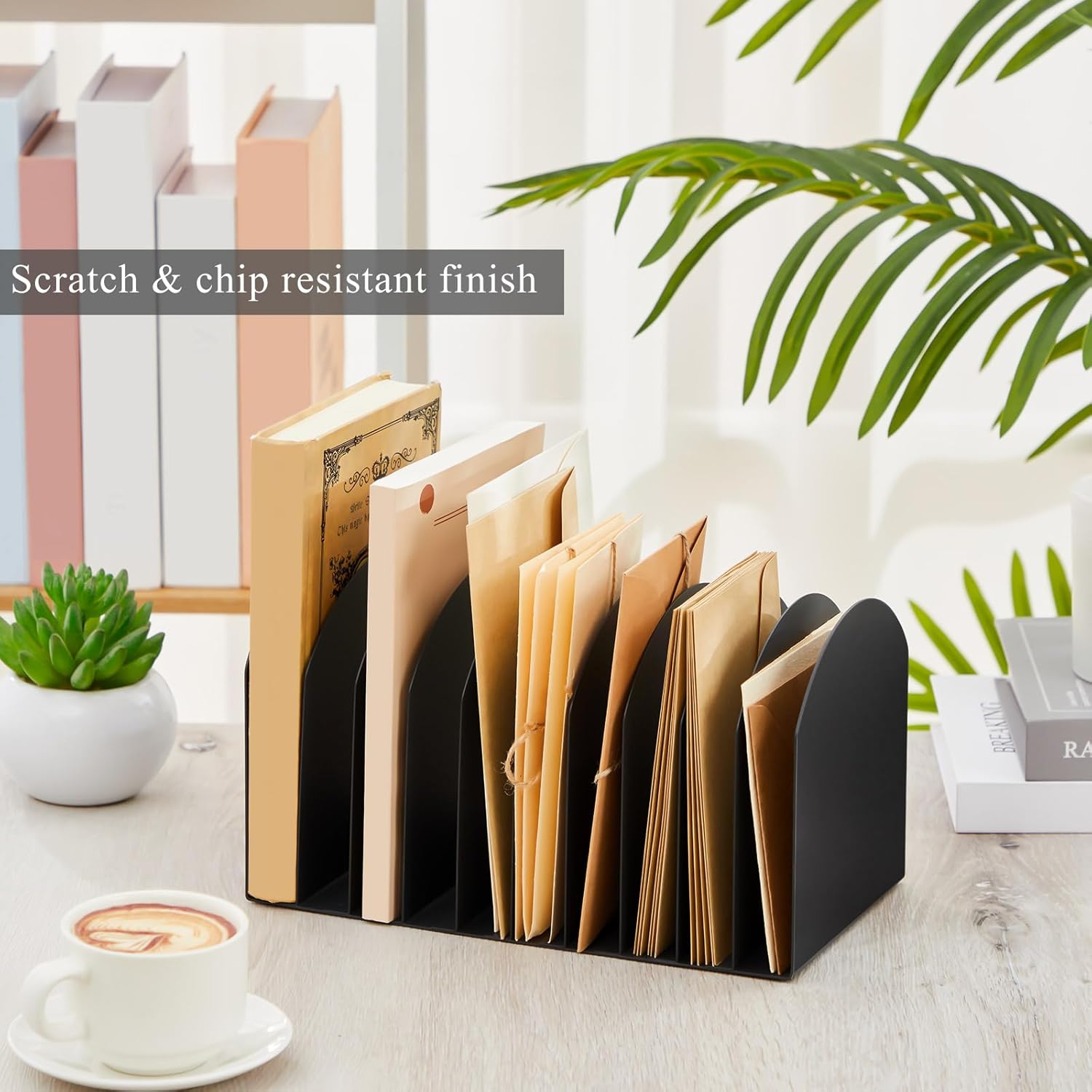 Suzile Metal Desktop File Organizer, 10 Compartments, Vertical File Sorter, Black, 10.63 L x 5.79 W x 5.41 H, Office, Reception Areas, Workspace