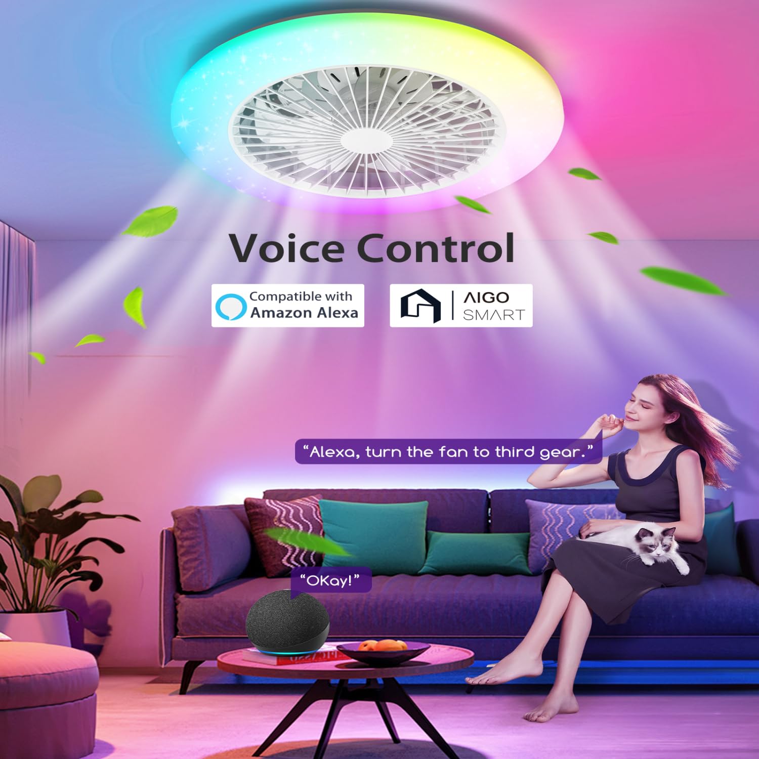 Aigostar- Ventilador Techo Alexa, Luz LED 40W, 4400LM, 2700K-6500K y RGB Regulable, Lampara Ventilador Techo Inteligente con Mando a Distancia y Gateway, Silencioso, 6 Velocidades, Diameter 50CM,2Uds