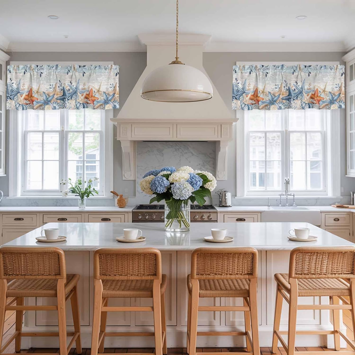 2 Pack Blue Coastal Valances for Window, Summer Beach Starfish Short Curtains for Kitchen Bedroom Living Room, Weeping Eucalyptus Vintage Rod Pocket Small Window Treatment Valance Drapes 60 x 18 Inch