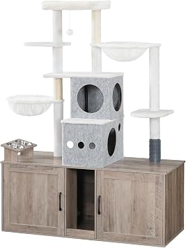 HOOBRO Double Litter Box Enclosure with Cat Tree, Wooden Cat Tower with Feeding Bowls, Scratching Posts, Hammocks, All-in-One Litter Box Enclosure with Dual Condos 47.2" L, Greige BG23MZ03