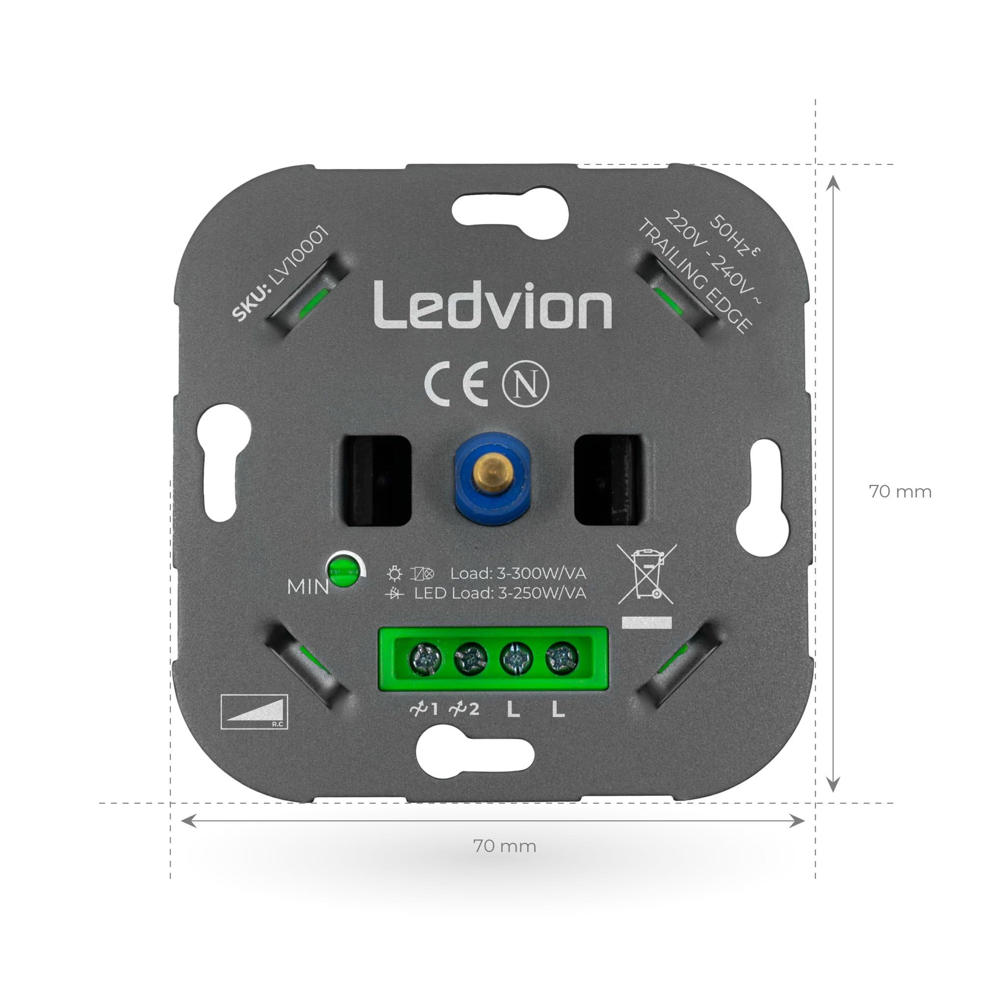 Ledvion - Interruttore Dimmer LED, LED 3-250 W/Alogeni 3–300 W, Copertura Bianca, Taglio di Fase, Dimmer Rotativo da Incasso, Variatore Rotativo LED