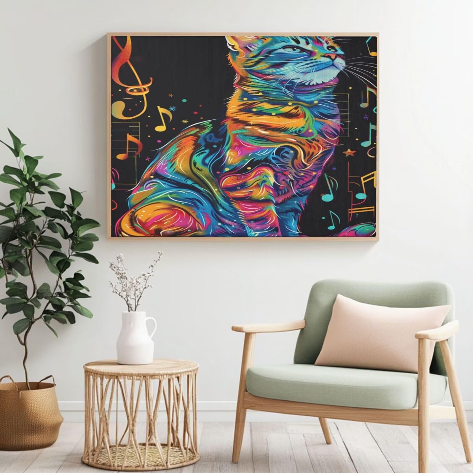 Kit per pittura con numeri per adulti, gatto, note musicali, pittura con numeri per principianti, pittura acrilica con 6 pennelli, pittura ad olio per decorazione da parete (95 x 70 cm, senza