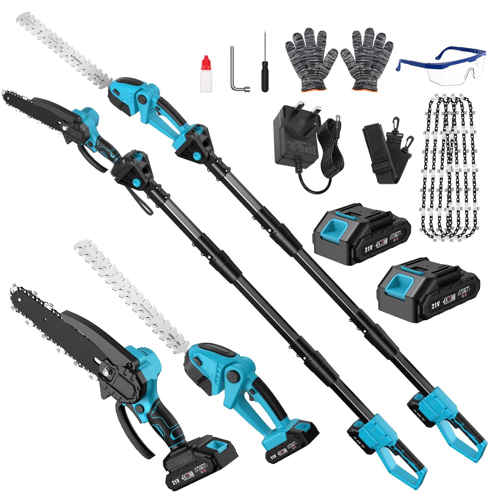 Cordless Pole Hedge Trimmer & Chainsaw Set, 2 * 4.0Ah Battery Rechargeable 7.05Ft Extension Pole 550W Pure Copper Motor 0-135° Adjust Angle Long Reach Trimmer Pruning Branch for Fence, Grass Trimmer