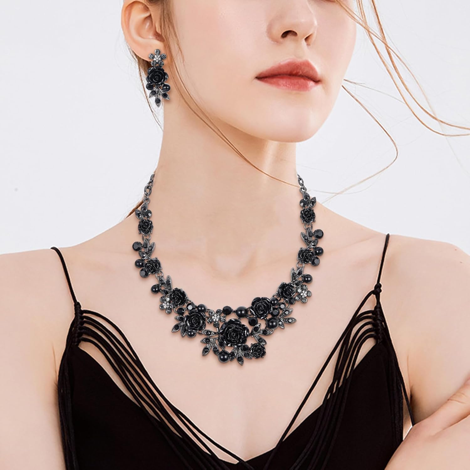 EVER FAITH Women's Austrian Crystal Simulated Pearl Rose Flower Leaf Necklace Pierced Earrings Set